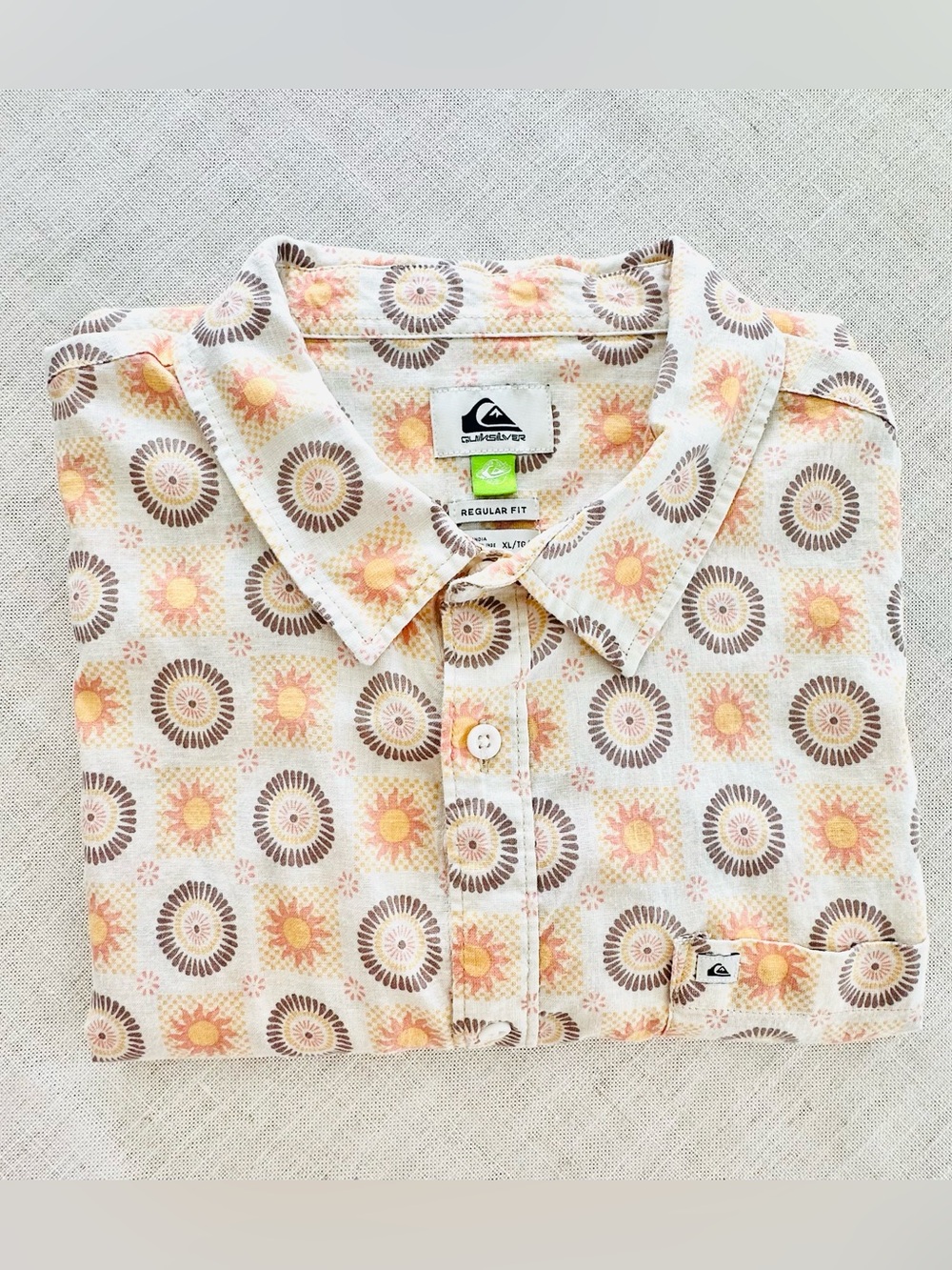 Quiksilver Hemp Blend Retro Sun Print Button Front Shirt Men’s XL/TG Cream